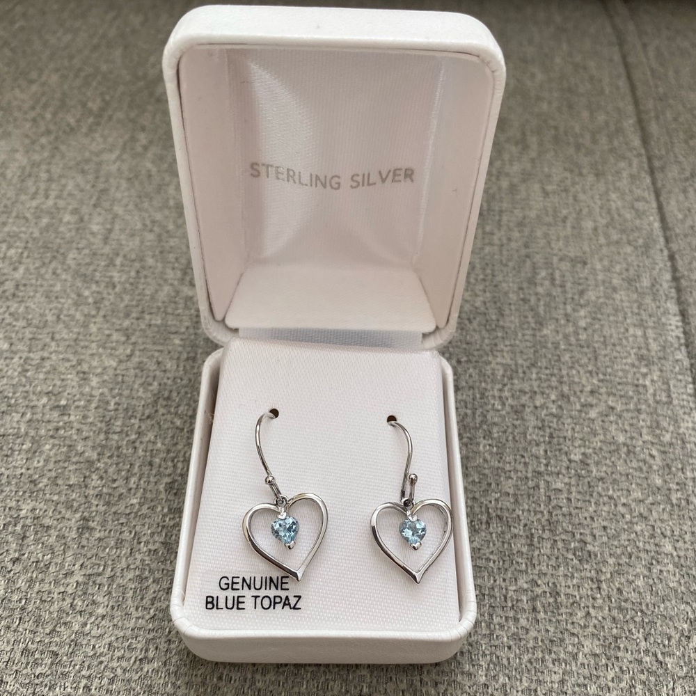 Sterling silver blue topaz heart earrings